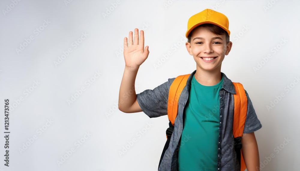 Smiling boy waving with backpack on white background Smiling boy waving with backpack on white background