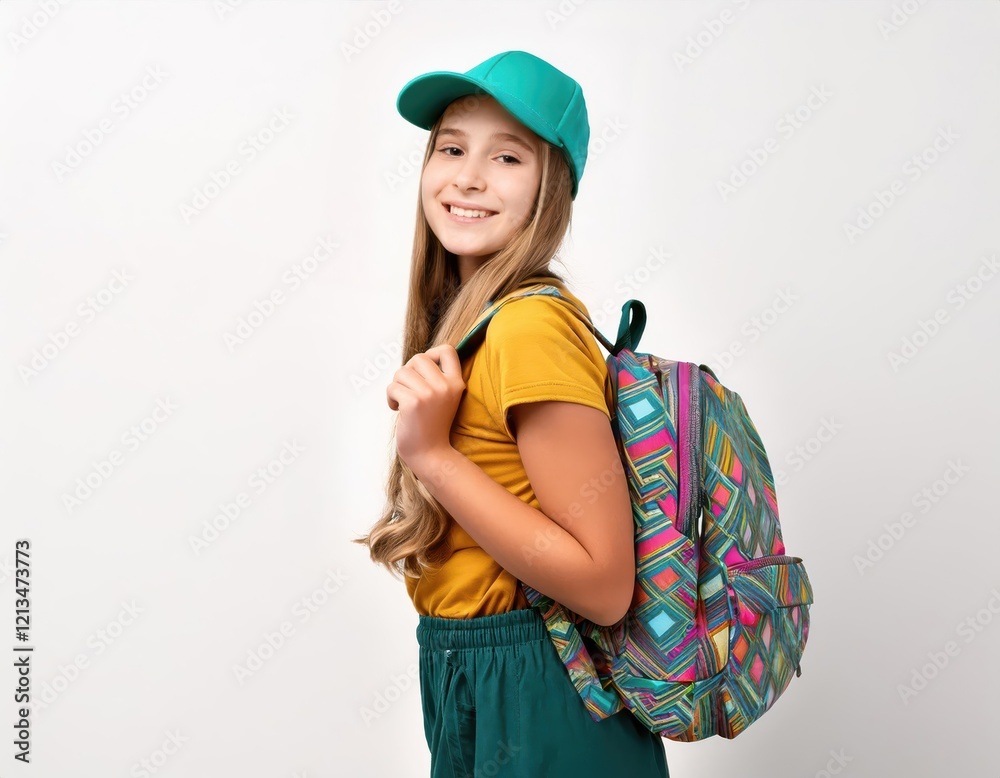 Happy schoolgirl in green cap with patterned backpack on white background Happy schoolgirl in green cap with patterned backpack on white background
