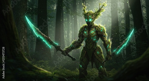 Forest Guardian: Mystical Green Warrior with Glowing Swords photo