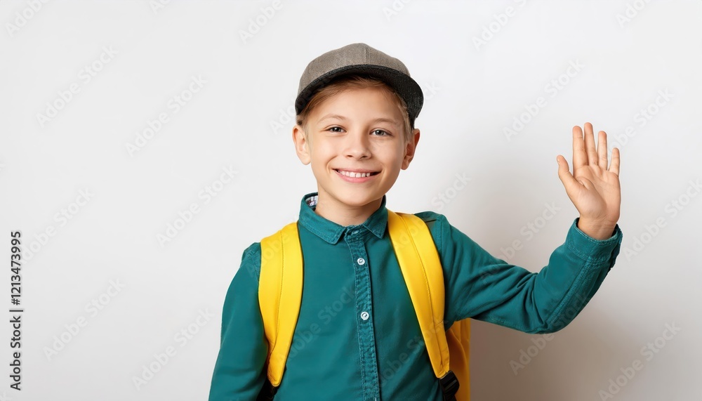 Happy schoolboy waving with yellow backpack on white background Happy schoolboy waving with yellow backpack on white background