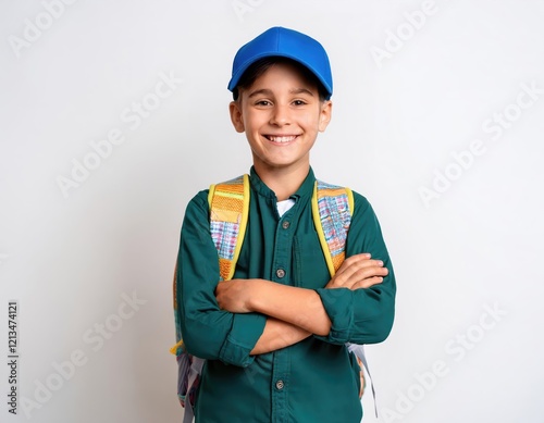 Generated imageYoung student smiling with arms crossed on white background photo