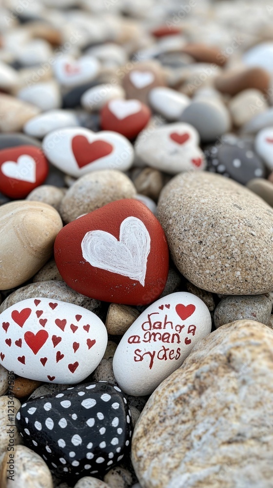 Decorative painted stones with hearts beach art outdoor close-up love and connection Decorative painted stones with hearts beach art outdoor close-up love and connection