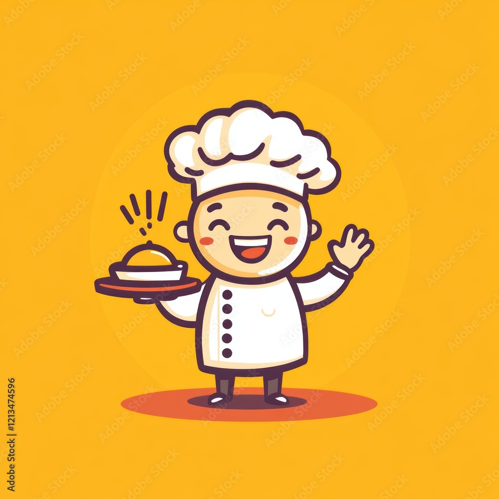 Cartoon chef serving food, happy, inviting, background yellow