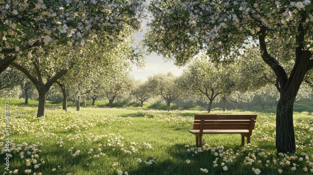 Serene Spring Orchard: A Wooden Bench Under Blossoming Trees Serene Spring Orchard: A Wooden Bench Under Blossoming Trees
