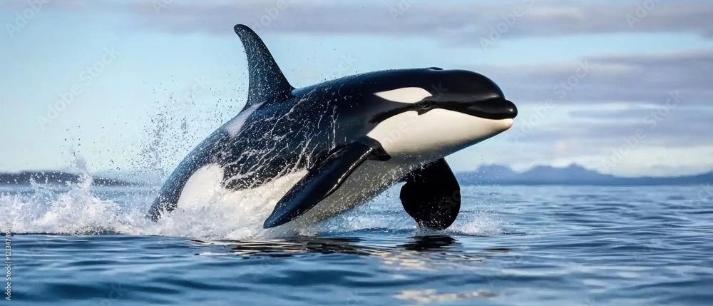 Fototapeta premium Orca whale breaching at ocean surface marine environment wildlife photography dynamic perspective nature's grace