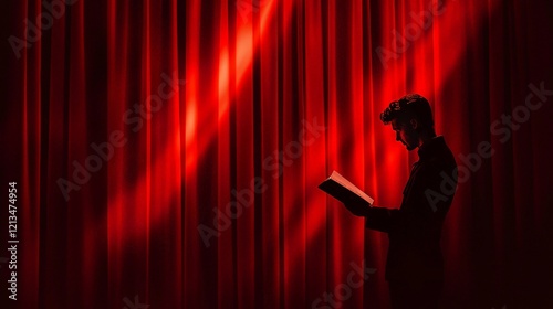 Enchanting Silhouette of Storyteller Behind Red Curtains