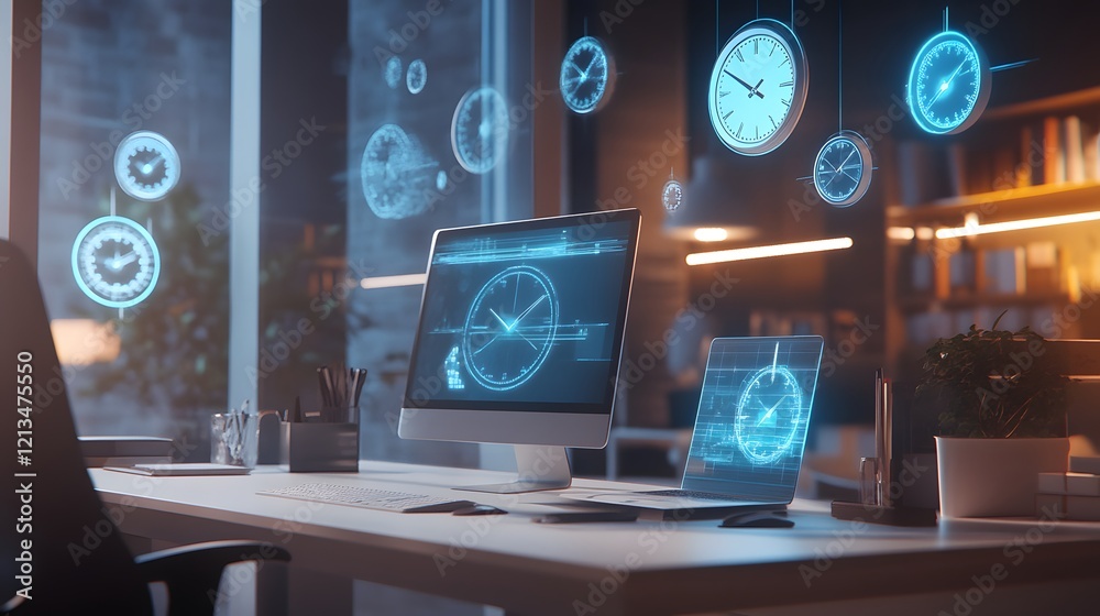 Naklejka premium A modern workspace with floating clocks and holograms of celebration, marking the completion of a project