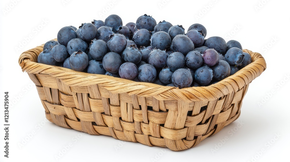A Rustic Basket Overflowing with Freshly Harvested Blueberries, a Still Life Composition Against a Pure White Background A Rustic Basket Overflowing with Freshly Harvested Blueberries, a Still Life Composition Against a Pure White Background