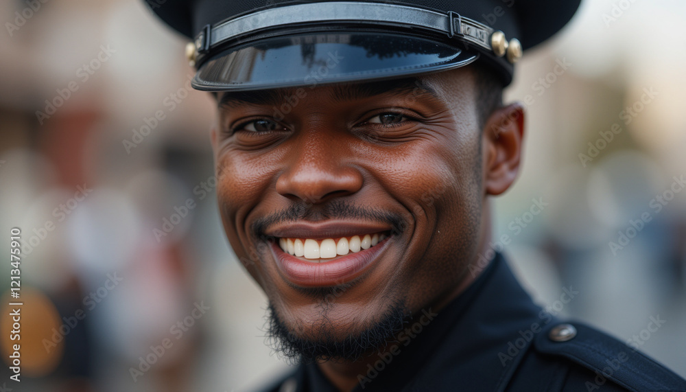 Smiling African American police officer in uniform showing confidence and assurance on duty Smiling African American police officer in uniform showing confidence and assurance on duty