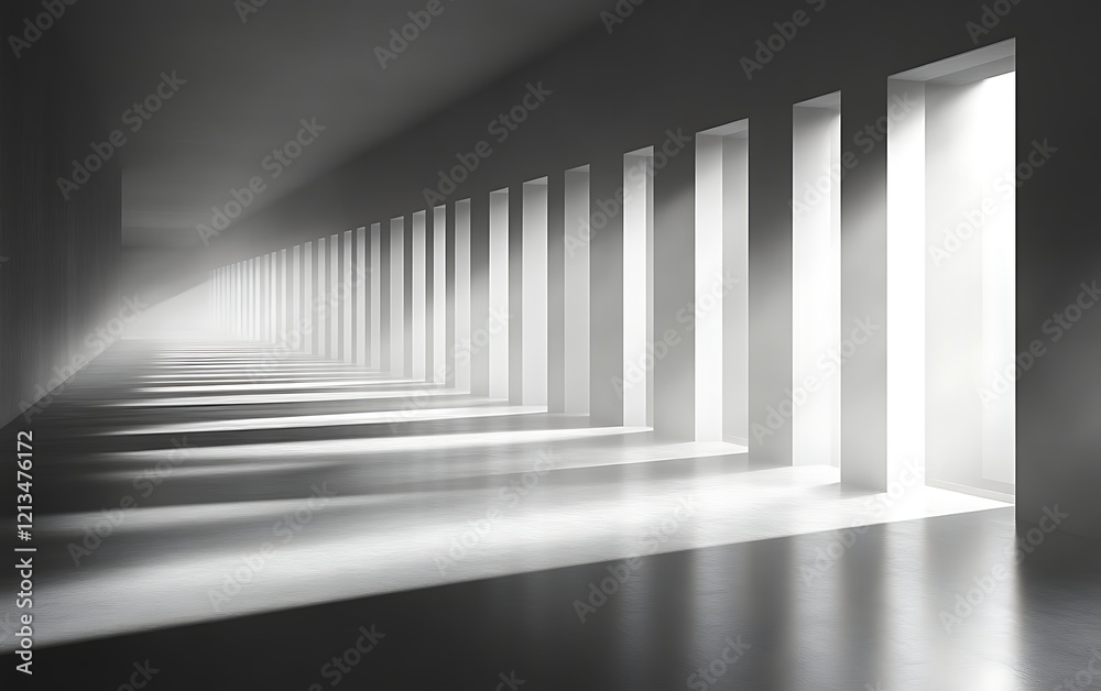 Obraz premium Long corridor with light streaming through doorways.