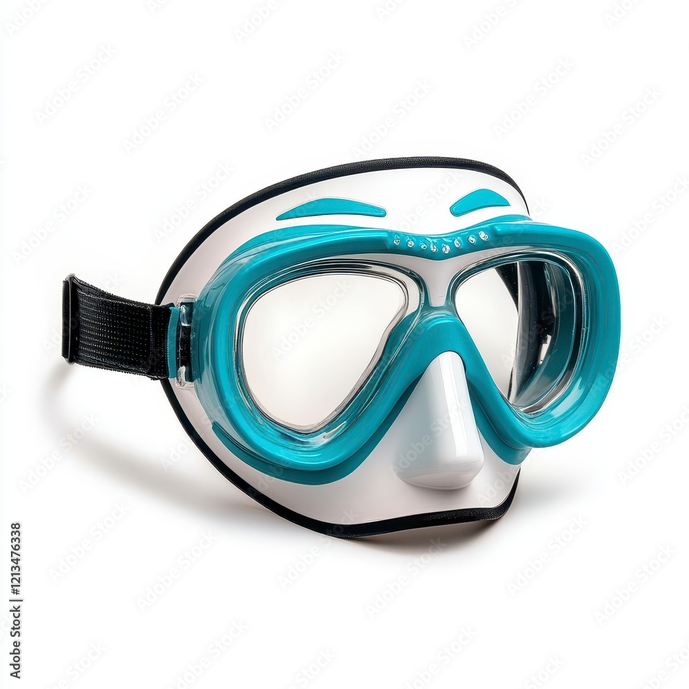 Teal and White Diving Mask Isolated on White Background. Comfortable Silicone Skirt and Durable Strap. Ideal for Underwater Explor Teal and White Diving Mask Isolated on White Background. Comfortable Silicone Skirt and Durable Strap. Ideal for Underwater Explor