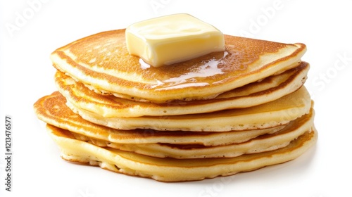 A stack of golden, fluffy pancakes topped with a pat of melting butter, Each pancake’s airy texture and warm hue captured with precision