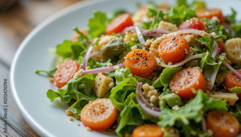 A vibrant vegetarian and vegan salad plate filled with fresh, healthy ingredients. A vibrant vegetarian and vegan salad plate filled with fresh, healthy ingredients.