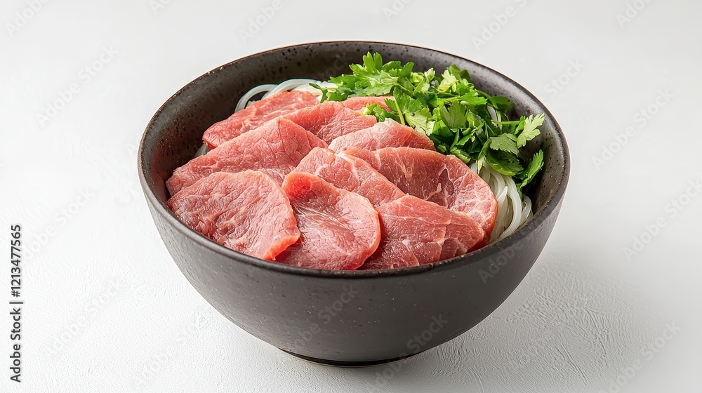 Aromatic Sliced Beef with Rice Noodles and Cilantro in a Dark Bowl Aromatic Sliced Beef with Rice Noodles and Cilantro in a Dark Bowl