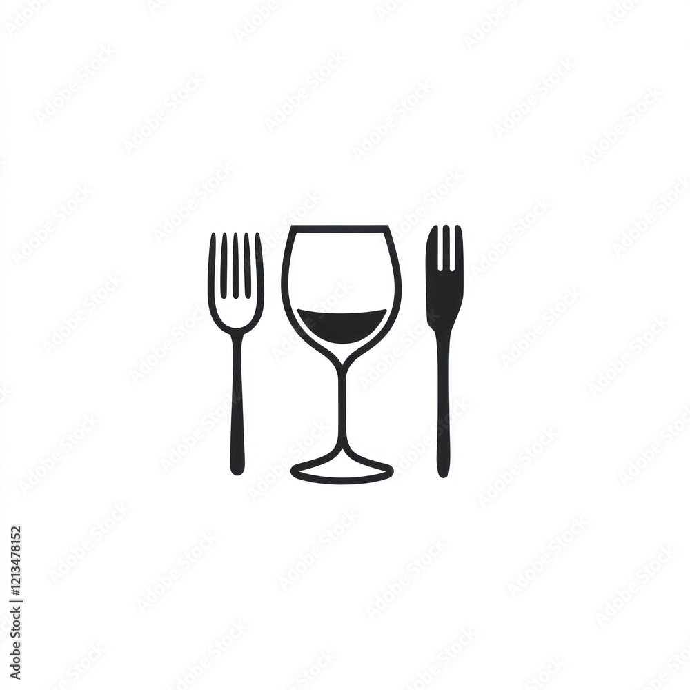 Wine glass between two forks, on white background, for menu or restaurant use Wine glass between two forks, on white background, for menu or restaurant use