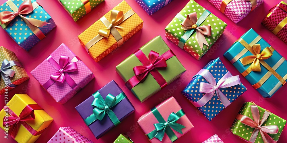 Aerial view: vibrant packages, joyful gifting. Aerial view: vibrant packages, joyful gifting.