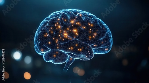 Futuristic Abstract Visualization of Human Brain with Glowing Neural Connections and Blue Background