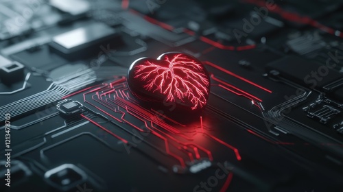 Heart with Electric Sparks on Circuit Board Background Representing Technology and Emotion Fusion