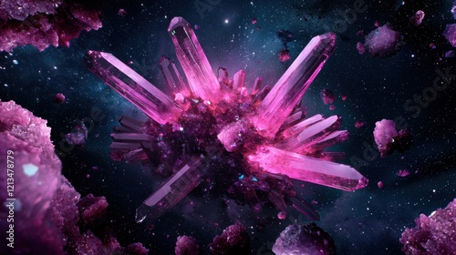 Vibrant Pink Crystals Surrounded by Mystical Galaxy with Stars and Cosmic Dust for Abstract Background