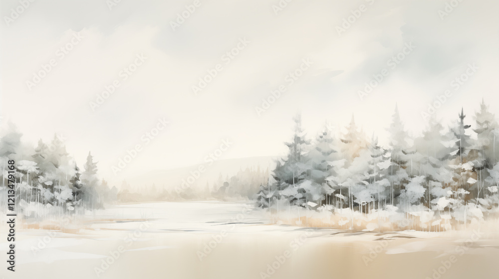 Fototapeta premium tonalism painting of a snowy winter landscape with snowy fir trees, muted soft neutral color palette, calm, serene 16:9 landscape background
