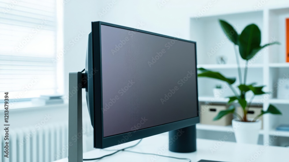 Fototapeta premium Modern Minimalist Workspace with Blank Computer Monitor Ready for Creative Design in Bright Office Environment