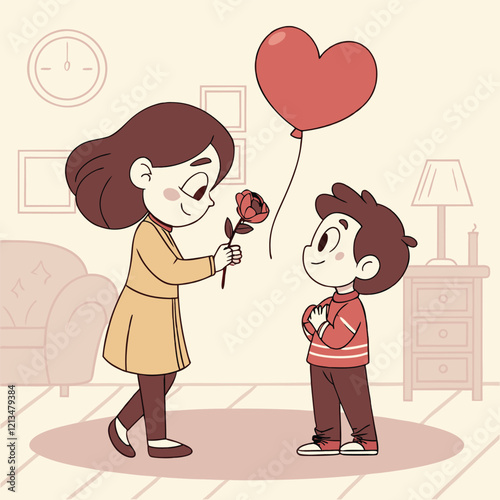 Valentine day girl and boy have a rose in hand