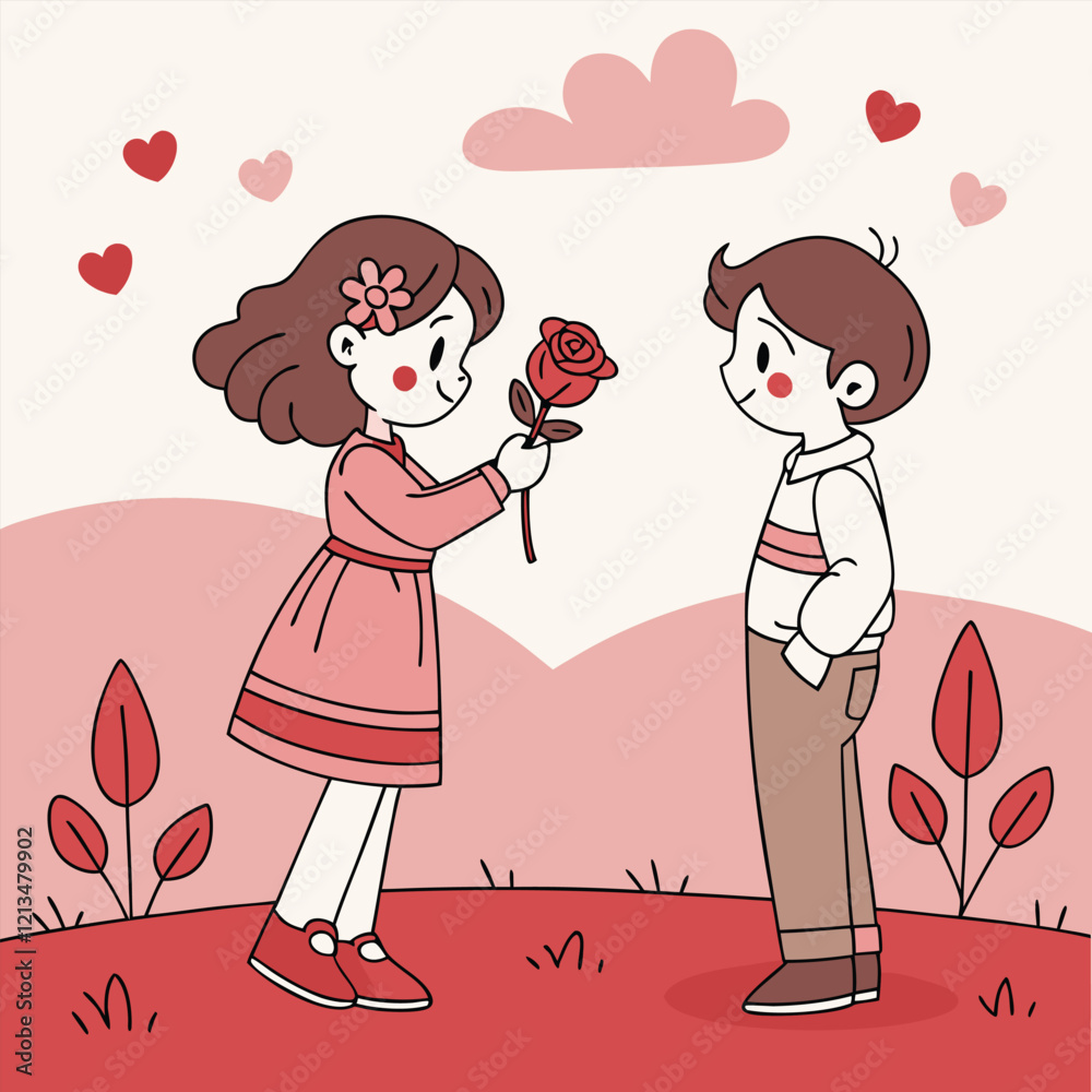 Valentine day girl and boy have a rose in hand Valentine day girl and boy have a rose in hand