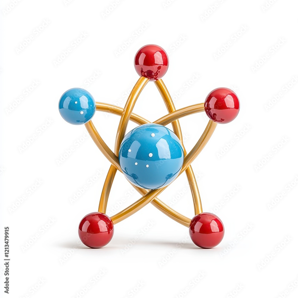 Abstract Atom Model: 3D Render of Red, Blue, and Gold Molecular Structure on White Background Abstract Atom Model: 3D Render of Red, Blue, and Gold Molecular Structure on White Background
