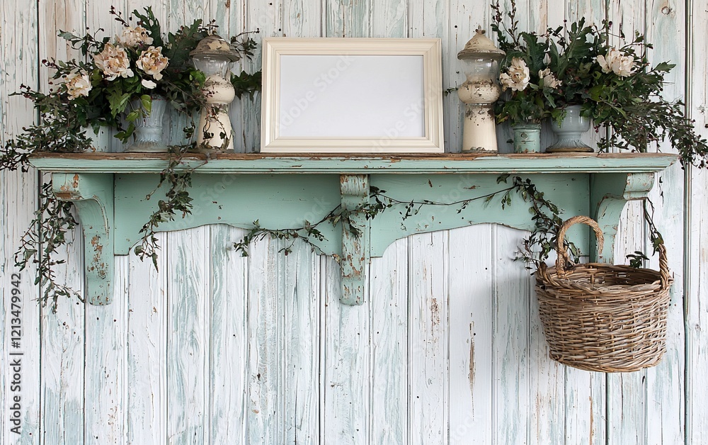 Naklejka premium Rustic shelf with flowers, frame, and basket.