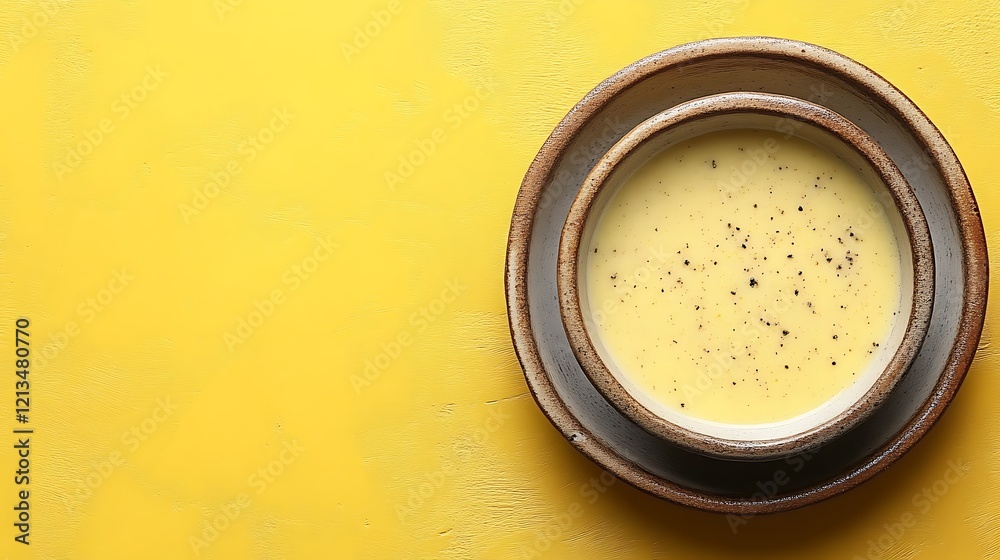 Creamy Yellow Soup in Rustic Bowl on Yellow Background Creamy Yellow Soup in Rustic Bowl on Yellow Background