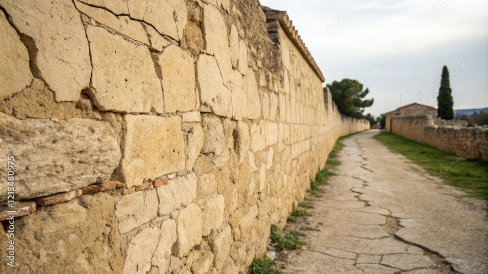 Ancient stone wall with beige lime plaster and cracks, beige lime plaster, weathered rock Ancient stone wall with beige lime plaster and cracks, beige lime plaster, weathered rock