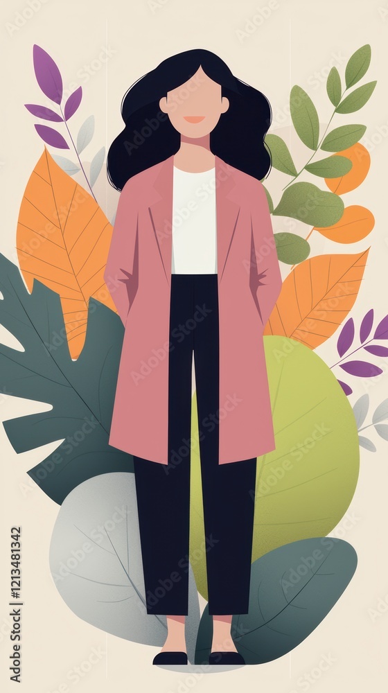 Minimalist Woman in Pink Coat Autumn Leaves Fashion Illustration Minimalist Woman in Pink Coat Autumn Leaves Fashion Illustration