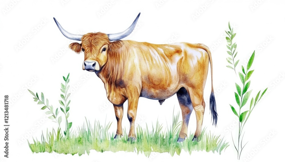 A vibrant illustration of a brown cow standing in a grassy field surrounded by green foliage, showcasing nature A vibrant illustration of a brown cow standing in a grassy field surrounded by green foliage, showcasing nature