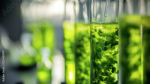 A group of scientists developing algae-based biofuels in a clean, high-tech lab photo