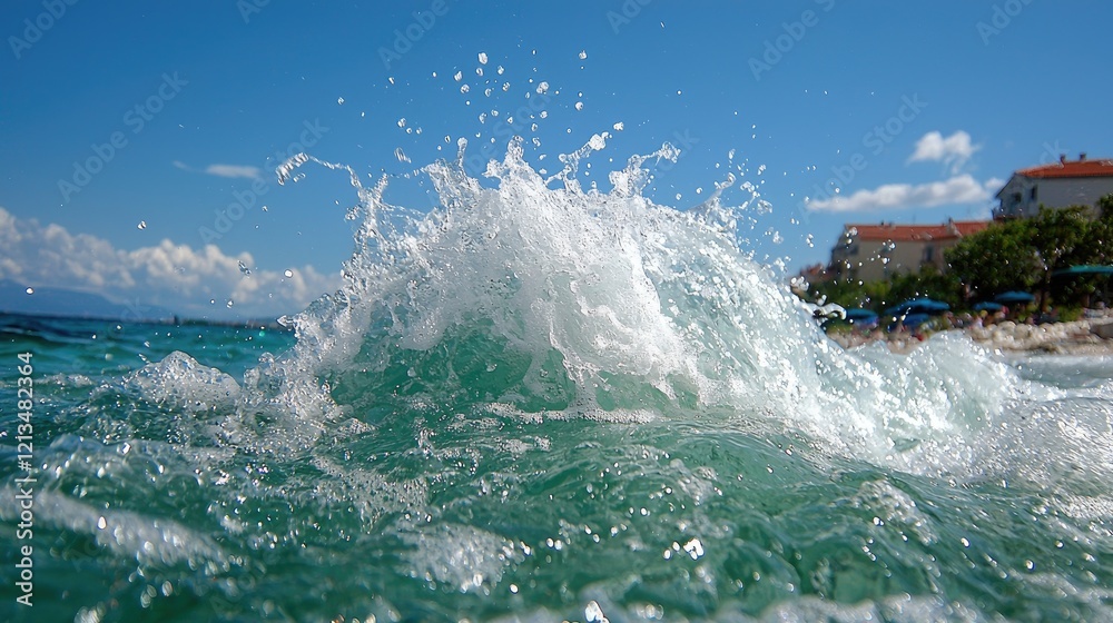 Obraz premium Ocean wave crashing, beach scene, summer vacation, coastal buildings