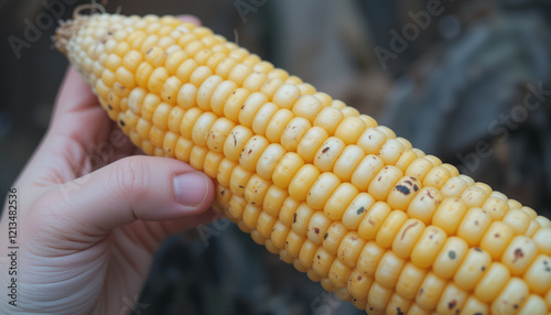 Hand holding a fresh corn cob with golden kernels, symbolizing harvest and natures bounty. Agro photo