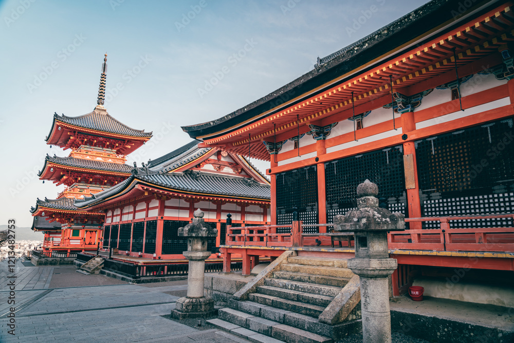 Famous travel spot Kiyomizu-dera Temple in Kyoto, Japan in early spring morning without people Famous travel spot Kiyomizu-dera Temple in Kyoto, Japan in early spring morning without people