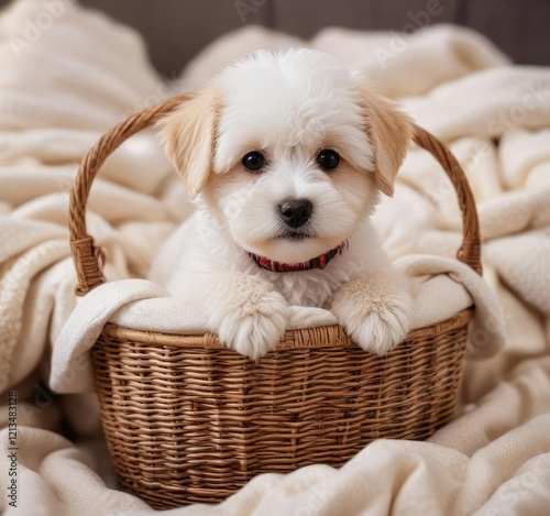 Bichon havanais puppy cuddled in a basket on a bed with soft blankets and pillows, blankets, comfort, relaxation photo