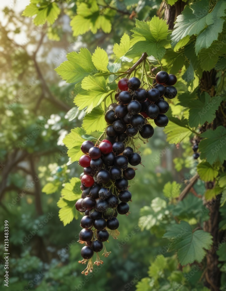 Black currant bush in bloom with ripe fruit hanging from its branches, garden, fruiting Black currant bush in bloom with ripe fruit hanging from its branches, garden, fruiting
