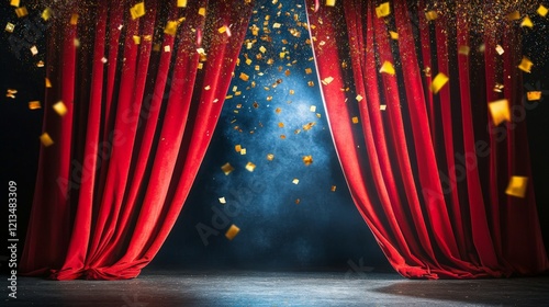 Celebratory Theater Stage with Vibrant Drapes and Confetti photo