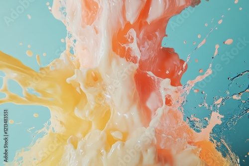 A surreal motion graphic design with liquid-like shapes and a mix of bold and pastel colors. photo