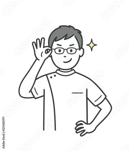 眼鏡を上げてニヤリと笑い自信を見せる若い男性看護師