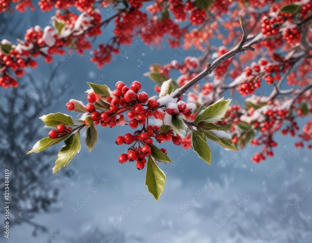 Branch of winterberry holly covered with bright red berries and snowflakes, winterberry, deciduous holly, cold weather