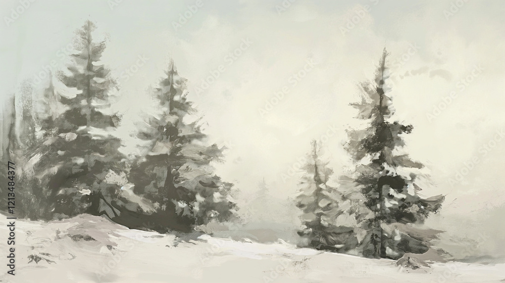 Obraz premium a tonalism painting of a snowy winter landscape with snowy fir trees, muted soft neutral color palette, calm, serene 16:9 landscape background