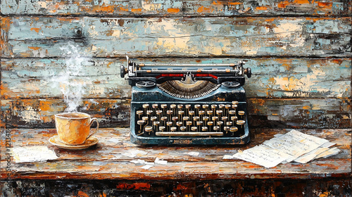 Vintage typewriter with steaming coffee and papers on rustic woo photo