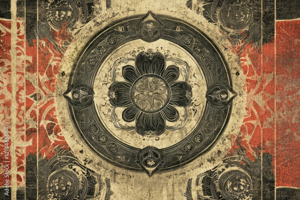 Obraz premium Ornate mandala design, grunge texture, red background, book cover art