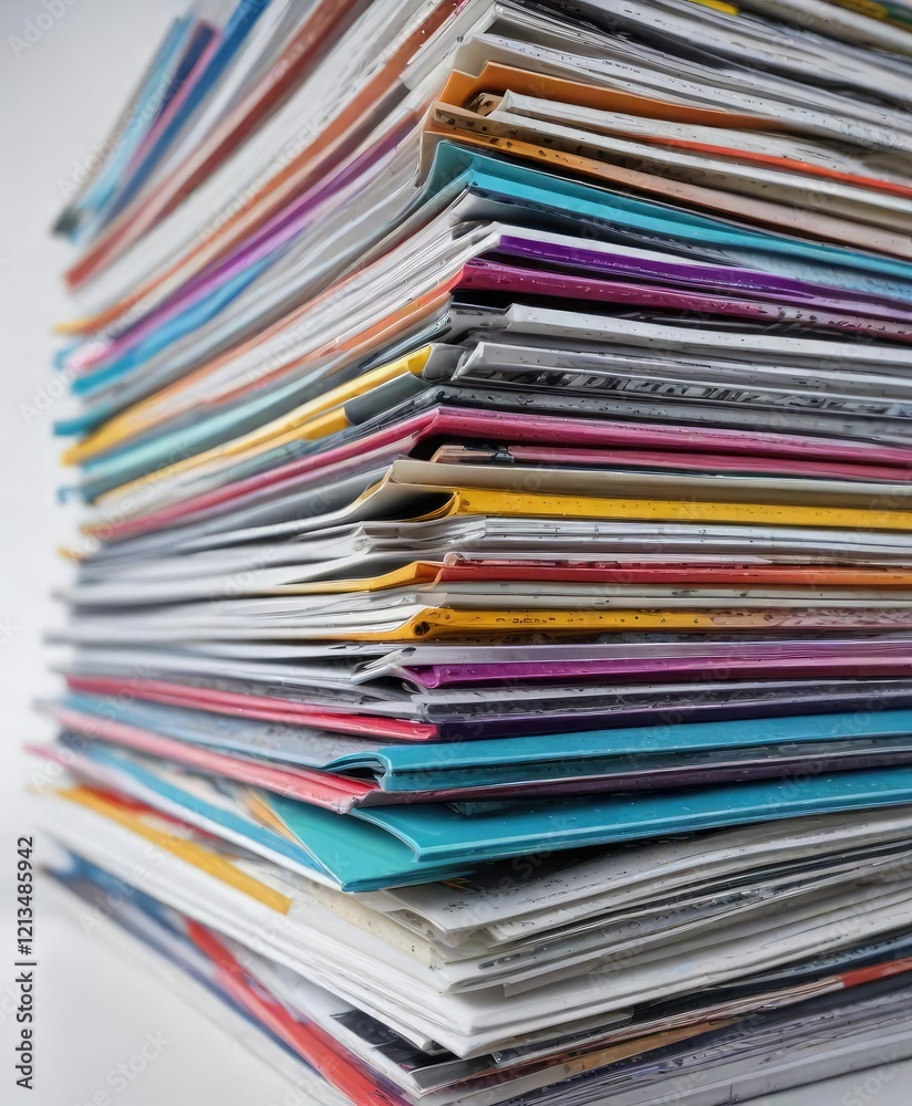 Close up of a stack of colorful magazines on a white surface, diversity, variety, stack Close up of a stack of colorful magazines on a white surface, diversity, variety, stack