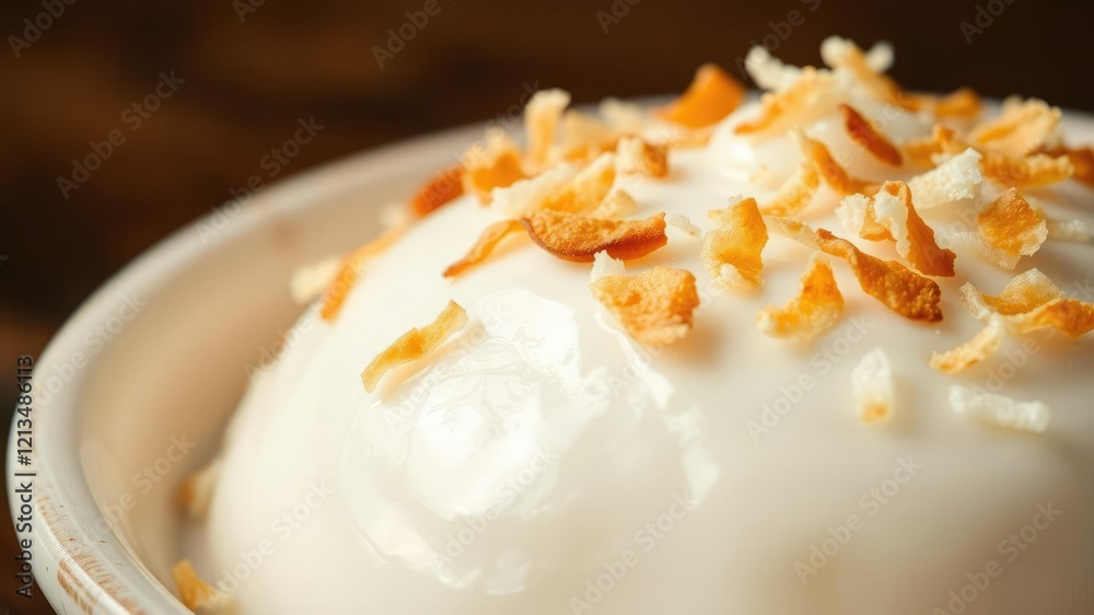 Close-up of Coconut Pudding with Toasted Coconut Flakes, toasted coconut flakes, vegan delight, golden brown Close-up of Coconut Pudding with Toasted Coconut Flakes, toasted coconut flakes, vegan delight, golden brown