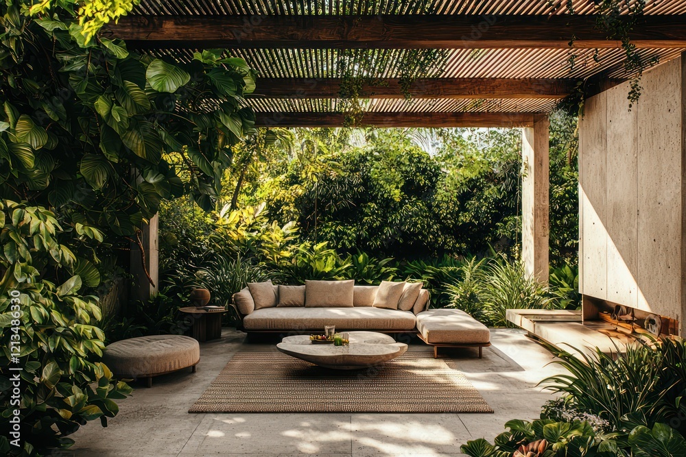 Obraz premium Lush pergola over a patio offers a stylish spot for comfortable lounging.