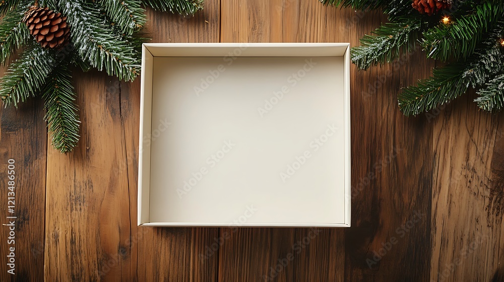 Empty Gift Box on Wooden Background with Christmas Decorations Empty Gift Box on Wooden Background with Christmas Decorations